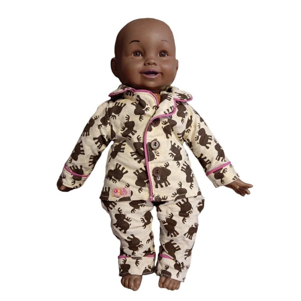 African American Black Baby Girl Doll 14" Soft Body Moose‎ Pajamas Brown Pink